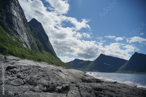 Steep mountains at Tungeneset at Senja Island, Norway photo