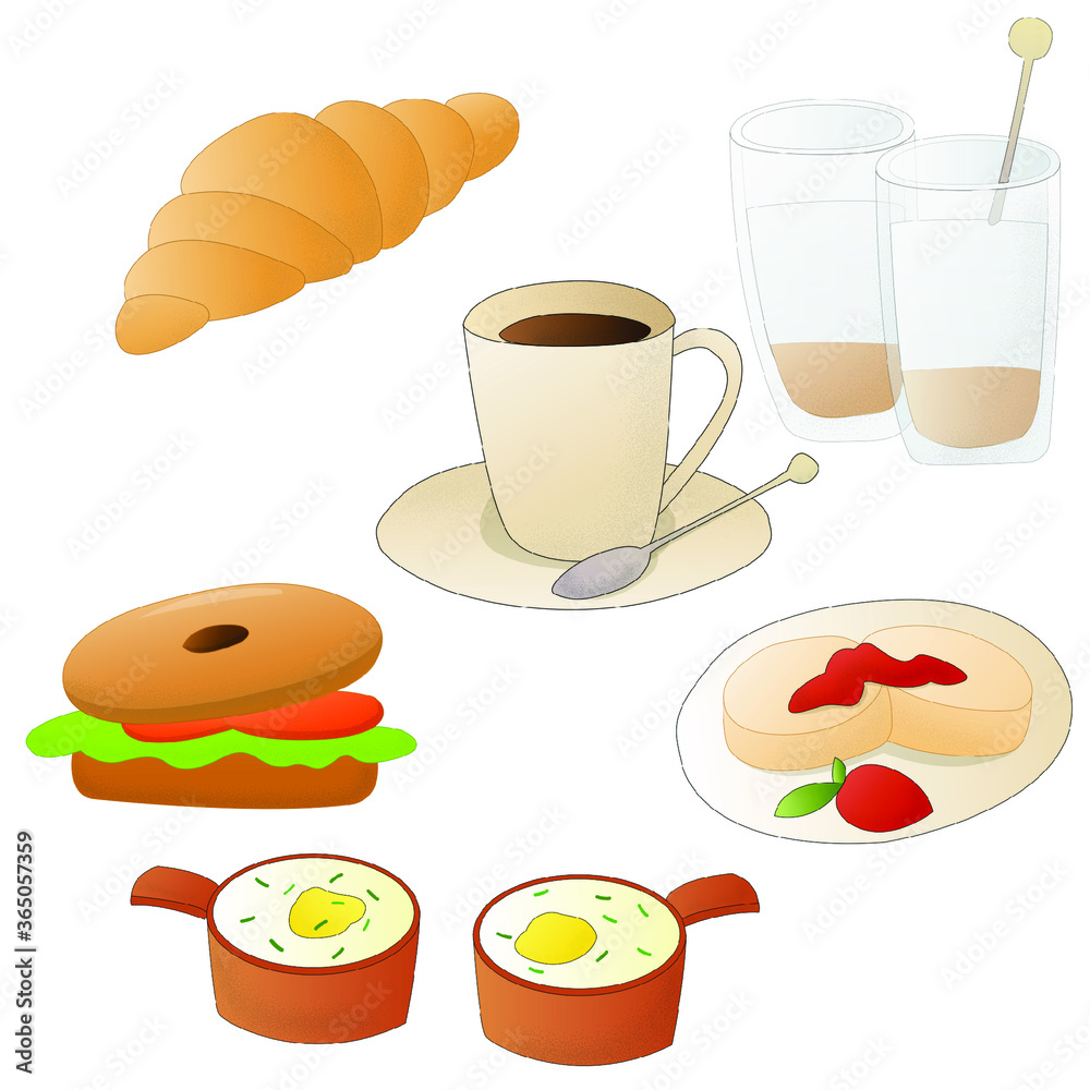 Set of vector illuctrations, french food breakfast Set of vector illuctrations, french food breakfast
