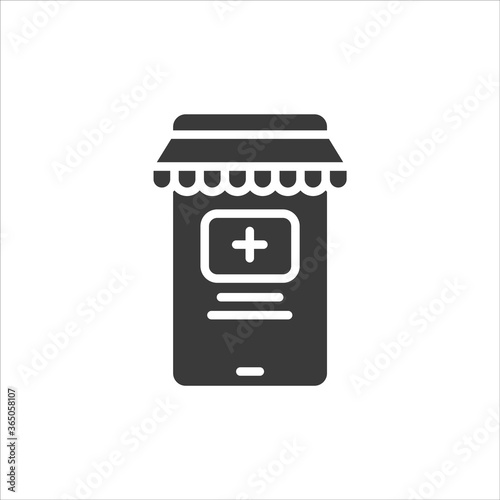 Online drug store in smartphone black glyph icon. Shopping app. Sign for web page, mobile app, banner, social media. Pictogram UI UX user interface. Vector clipart