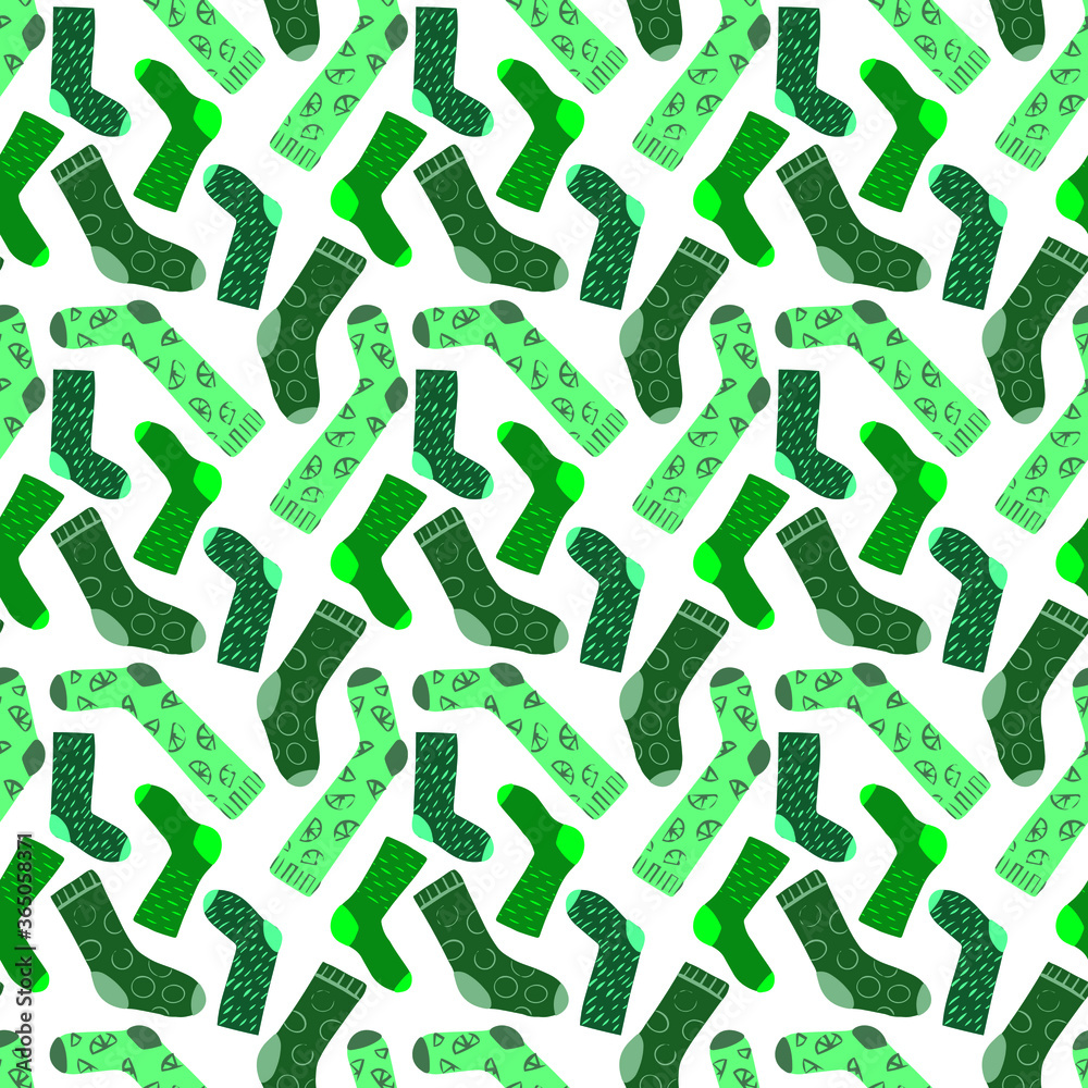 Seamless green socks vector pattern on white background. Hand drawn stocking in a shades of green. Perfect for wallpaper or fabric Seamless green socks vector pattern on white background. Hand drawn stocking in a shades of green. Perfect for wallpaper or fabric