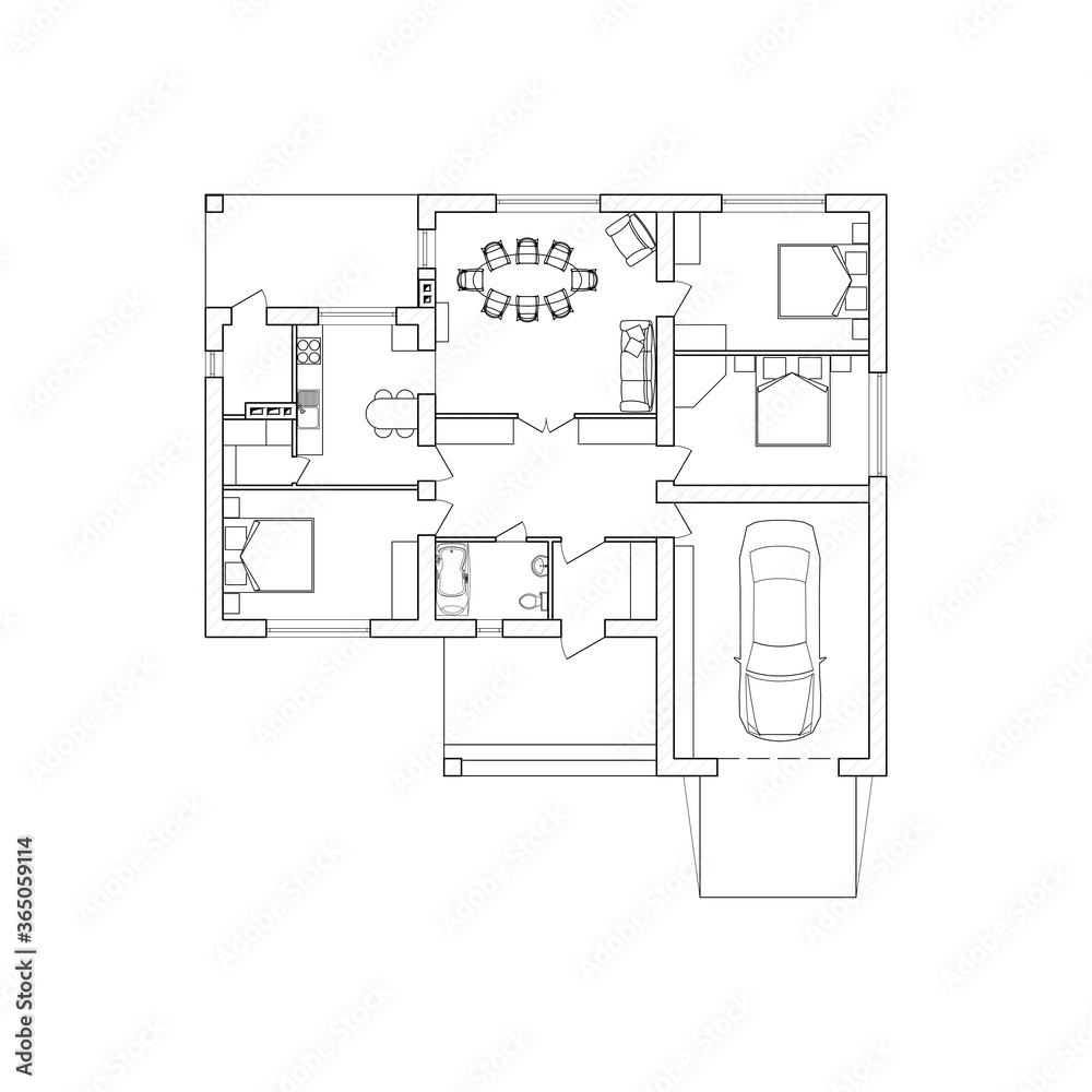 Suburban house interior. Black and White floor plan of a modern apartment. Vector architectural blueprint. Suburban house interior. Black and White floor plan of a modern apartment. Vector architectural blueprint.