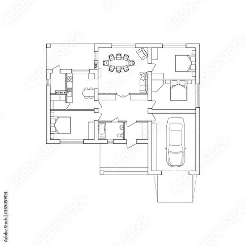 Suburban house interior. Black and White floor plan of a modern apartment. Vector architectural blueprint.