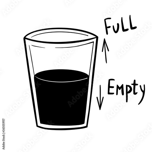 Glass half empty or glass half full conceptual drawing. Hand drawn isolated. Vector illustration on white background. For cards, posters, decor, t shirt design, logo.