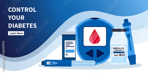 Diabetes flat vector infographic elements set in cartoon style. Diabetes equipment icon collection. Insuline pump, glucometer, syringe, pen, lancet, test strips. Concept of healthcare and prevention