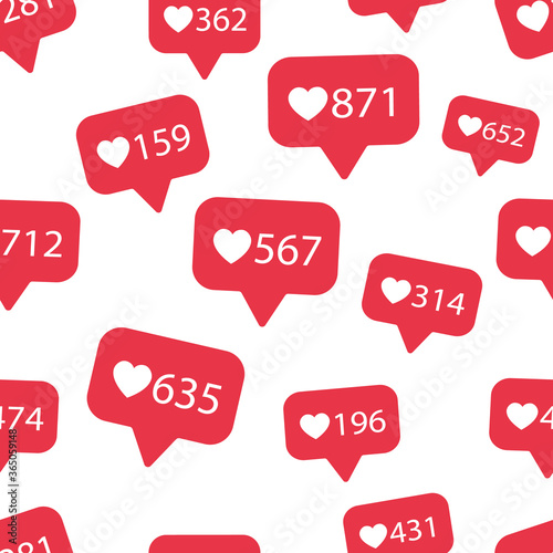 Vector seamless pattern with bright red social media like sign. Social network appreciate likes symbol, hearts, background. Simple trendy SMM backdrop. photo