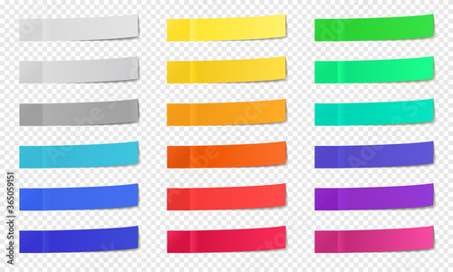 Stick paper notes. Post note sticky tape, colorful post notes, memo paper post it notes, narrow office note sticks vector isolated icons set. Memo office tape, empty adhesive page