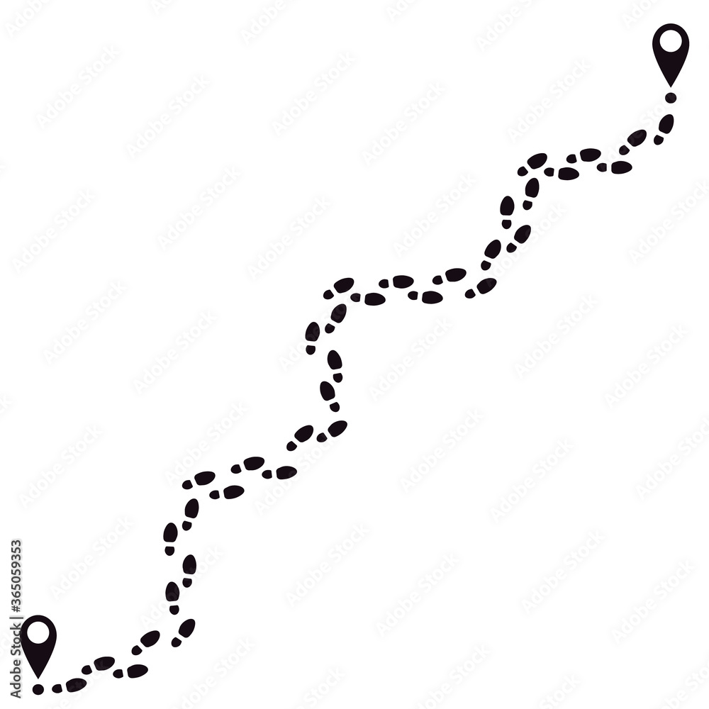 Human footprints track. Footsteps route, walking feet tracks with pin, human foot steps way track silhouette vector illustration. Path silhouette human print, track walk footprint Human footprints track. Footsteps route, walking feet tracks with pin, human foot steps way track silhouette vector illustration. Path silhouette human print, track walk footprint