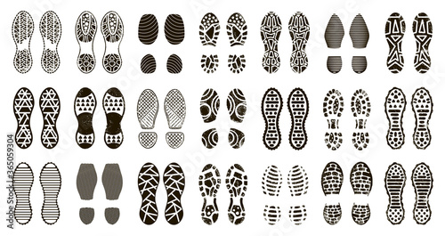 Human boots footprint. Shoes and barefoot silhouette, man boot steps print, textured stepping footprints isolated icons illustration set. Sneaker footprint, shoe grunge graphic collection