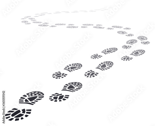 Walking far footprints. Outgoing footsteps perspective trail, walk away human foot steps silhouette, shoe steps track vector illustration. Imprint track walk, footprint black trail