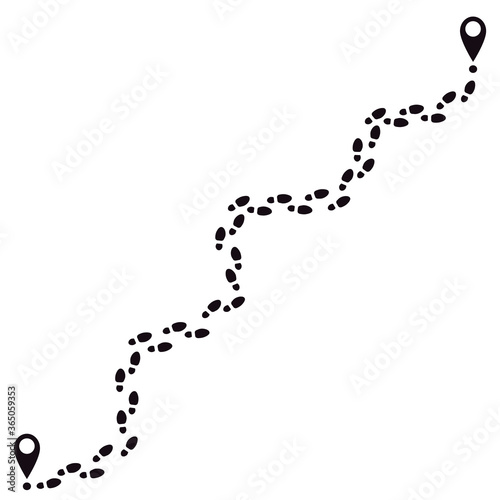 Human footprints track. Footsteps route, walking feet tracks with pin, human foot steps way track silhouette vector illustration. Path silhouette human print, track walk footprint