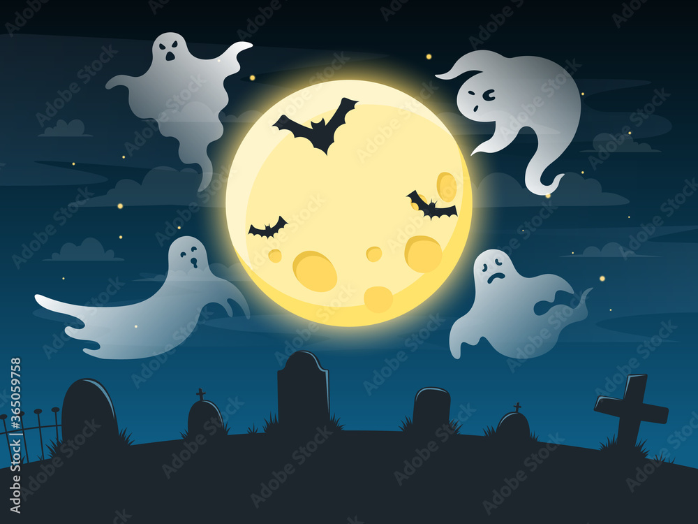 Halloween creepy poster. Flying scare ghosts, spooky ghost halloween character on dark ominous background, halloween poster vector illustration. Poster halloween with horror ghosts