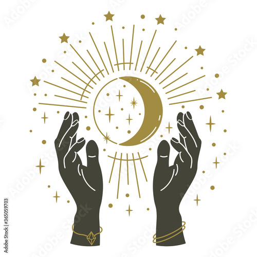 Magic hands holding moon. Hand drawn mystical arms with moon, magical symbol, witchcraft mystic arms holding moon and stars vector illustration. Magic vintage, human hands mysticism