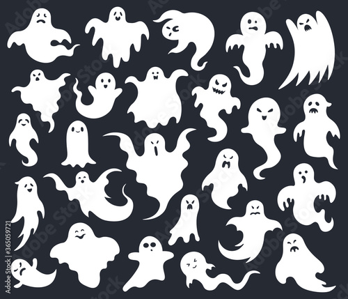 Halloween horror ghost. Spooky scary ghosts, ghost funny cute character, phantom ghostly halloween mascots vector illustration set. Face spooky monster, holiday silhouette creature