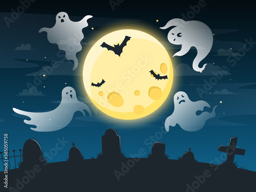 Halloween creepy poster. Flying scare ghosts, spooky ghost halloween character on dark ominous background, halloween poster vector illustration. Poster halloween with horror ghosts