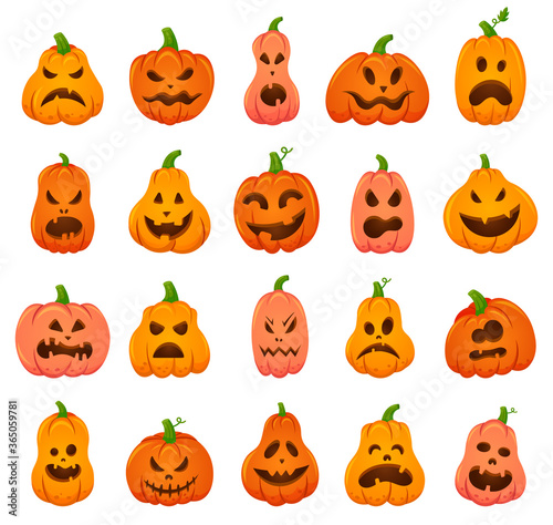 Creepy halloween pumpkins. Cartoon orange pumpkin traditional holiday decoration, scary, spooky face pumpkins vector illustration icons set. Smile halloween scary pumpkin
