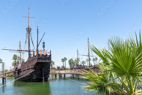 Caravels and ship with which Christopher Columbus ventured to discover the new world. At the dock of the caravels of La Rabida, in Huelva, Andalusia, Spain photo