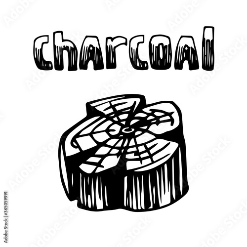 charcoal, firewood for fireplace or barbecue, logo, emblem, decoration, vector illustration with black contour lines isolated on a white background in a doodle & hand drawn style