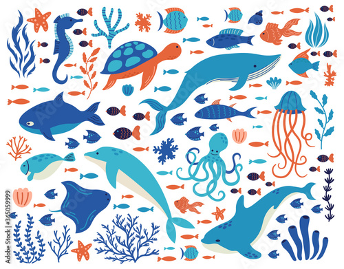 Doodle underwater animals. Ocean creatures, hand drawn marine life, dolphin, whale, turtle, octopus, corals, sea plants vector illustration set. Underwater sea drawing animals wildlife