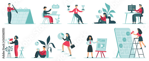 Time management organising. Planning office work tasks, work productivity, timing schedule, office workers productivity isolated illustration set. Time business, office management