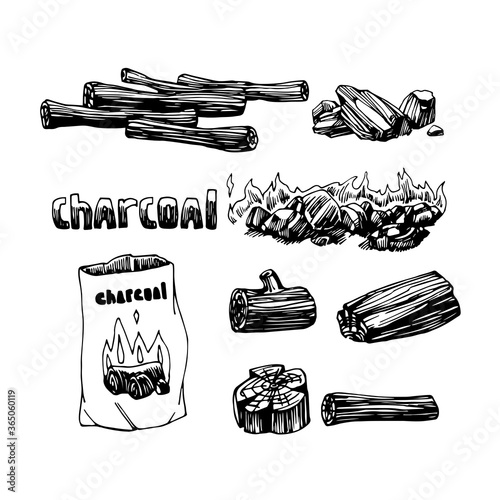 set of coal, charcoal, firewood for fireplace or barbecue, logo, emblem, decoration, vector illustration with black ink contour lines isolated on a white background in a doodle & hand drawn style