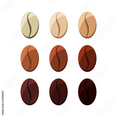 Coffee roasting degree chart grains icon set isolated on white background. From light to dark coffee beans - infographic elements of level roasting stages. Vector flat drink design illustration.