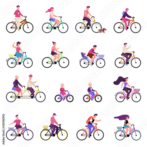 People riding bikes. Outdoor activities, group of people riding bicycles, bike riding, active family healthy lifestyle vector illustration set. Bicycle and bike ride, man woman outdoor active