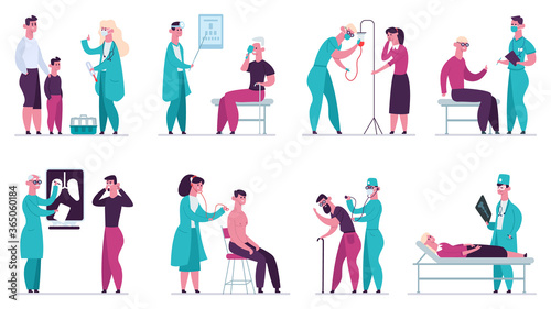Doctor medical appointment. Medical check up, hospital health care, ultrasound and vaccination, clinic vector illustration set. Medical diagnosis hospital collection