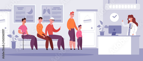 Clinical waiting room. Doctor medical appointment time, patients waiting in queue, hospital physician doctor meet arrangement vector illustration. Hospital clinic waiting room, medical doctor office