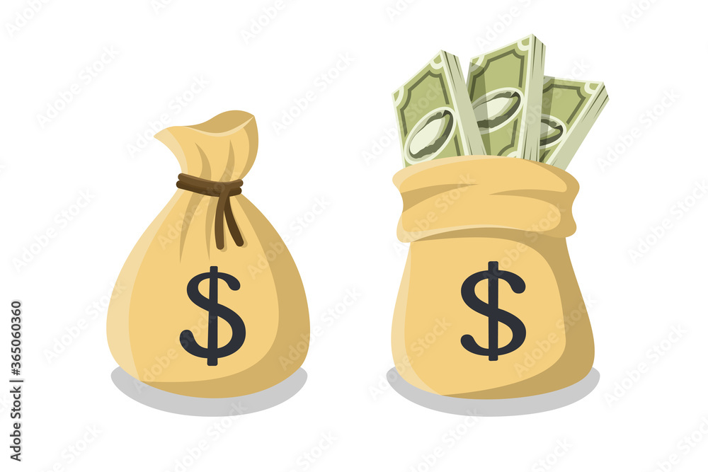 Φωτογραφία Tied money or bank bag and untied money bag with a dollar sign and sticking out bundles of dollar bills