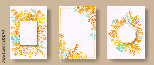 Tropical herb twigs, tree branches, leaves floral invitation cards set. Herba...