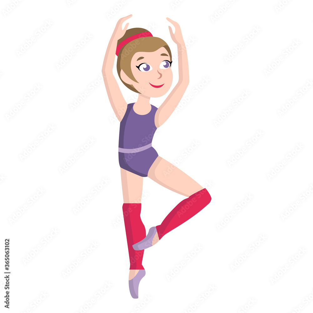 Little girl is engaged in classical ballet. Lesson in dancing school. Dance form swimsuit for training, pointe shoes, compression sports stockings. Isolated cartoon flat vector illustration on white Little girl is engaged in classical ballet. Lesson in dancing school. Dance form swimsuit for training, pointe shoes, compression sports stockings. Isolated cartoon flat vector illustration on white