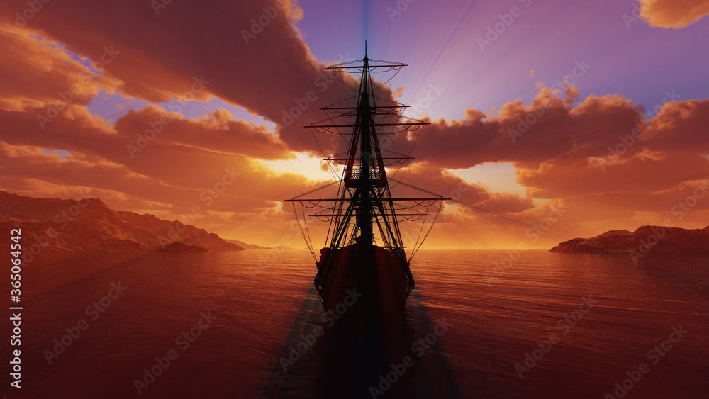 Fototapeta premium old ship sunset at sea 3d rendering