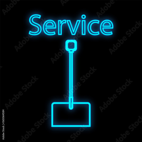 Bright luminous blue industrial digital neon sign for shop workshop service center beautiful shiny with a shovel for repair on a black background and the inscription service. Vector illustration