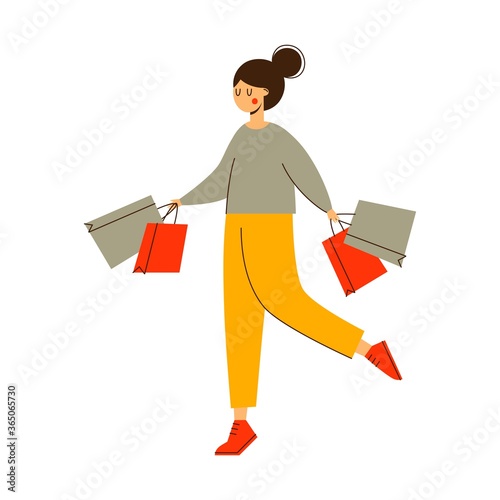 Young woman character, girl with shopping bags - Vector illustration isolated