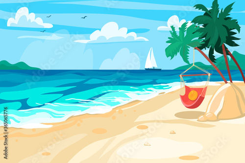 Fototapeta Naklejka Na Ścianę i Meble -  Beach, seascape. Summer holidays, tourism, postcard. Vector stock illustration. Bright. Flat design.