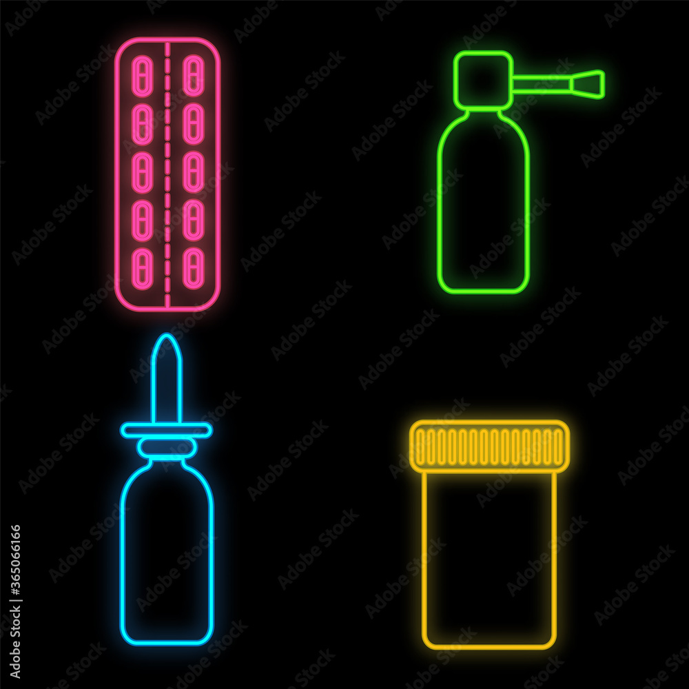 Set of bright luminous multi-colored medical neon signs for a pharmacy or hospital store, beautiful shiny scientific pills and sprays on a black background. Vector illustration Set of bright luminous multi-colored medical neon signs for a pharmacy or hospital store, beautiful shiny scientific pills and sprays on a black background. Vector illustration