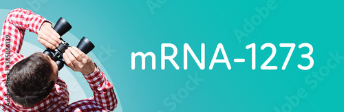 Impfstoff gegen Corona - mRNA-1273. Mann mit Fernglas aus Vogelperspektive. Beobachtung, Draufsicht, Panorama. Business Text auf blau. Statistik, Wirtschaft photo