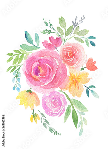 Hand drawing boho watercolor floral illustration with pink and yellow flowers, green branches, leaves. Watercolor roses on white background. Isolated © Oksana