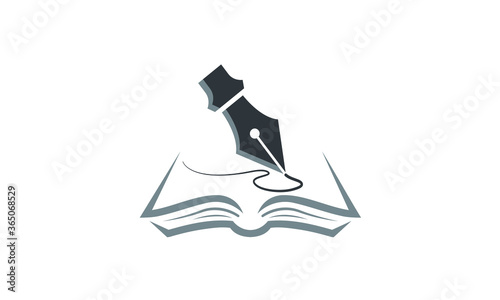 Pen writing on the book, ink nib in the papers on an open book for logo design vector illustration on white background
