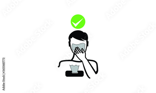 Man sneezes and covers himself with a napkin in a flat design. Recommendation during a coronavirus pandemic. Cover with a napkin lined character.  Precautions against bacteria flat style vector design