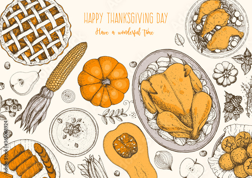Thanksgiving day top view vector illustration. Food hand drawn sketch. Festive dinner with turkey and potato, apple pie, vegetables, fruits and berries. Autumn food sketch. Engraved image.