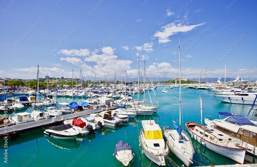 Obraz premium Yachts and speed boats at harbor. Yachts moored in the port. Ocean Coast pier. High class lifestyle. Yachting. Expensive toys. Sea ​​transport. Nautical. Yachting sport. Expensive yachts at the pier.