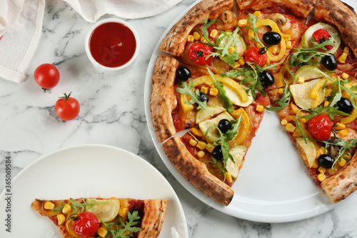 Delicious vegetable pizza on white marble table, flat lay