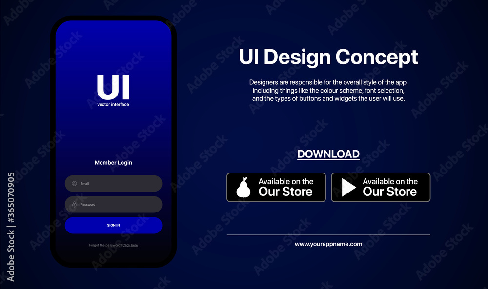 Sign In Window Interface Concept. UI Design Concept. New App Promotion.  Download Buttons. App Store. Social Media Vector Illustration On Blue  Gradient Background Stock Vector | Adobe Stock