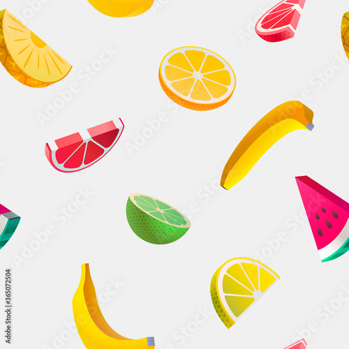 Fruit seamless pattern.  Sliced banana watermelon and citrus. 