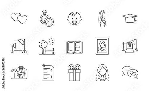Icon set of various types of photo shoots. Can be used for the design of the profile of the photographer and photo studio. Photo session outdoor, holiday, love story, baby, maternity.