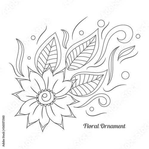 Floral ornament in Indian mehndi style. Hand drawn floral doodle. Orient traditional background design element. Ethnic pattern. Template for mehndi ornament. Simple coloring page. Vector illustration.