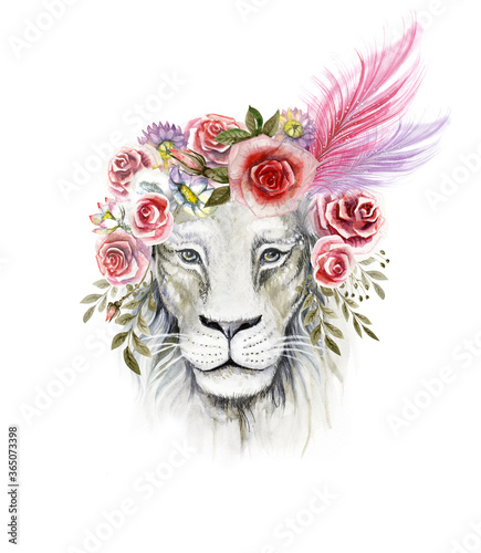 Watercolor image of the Crimean white lioness in a wreath of flowers