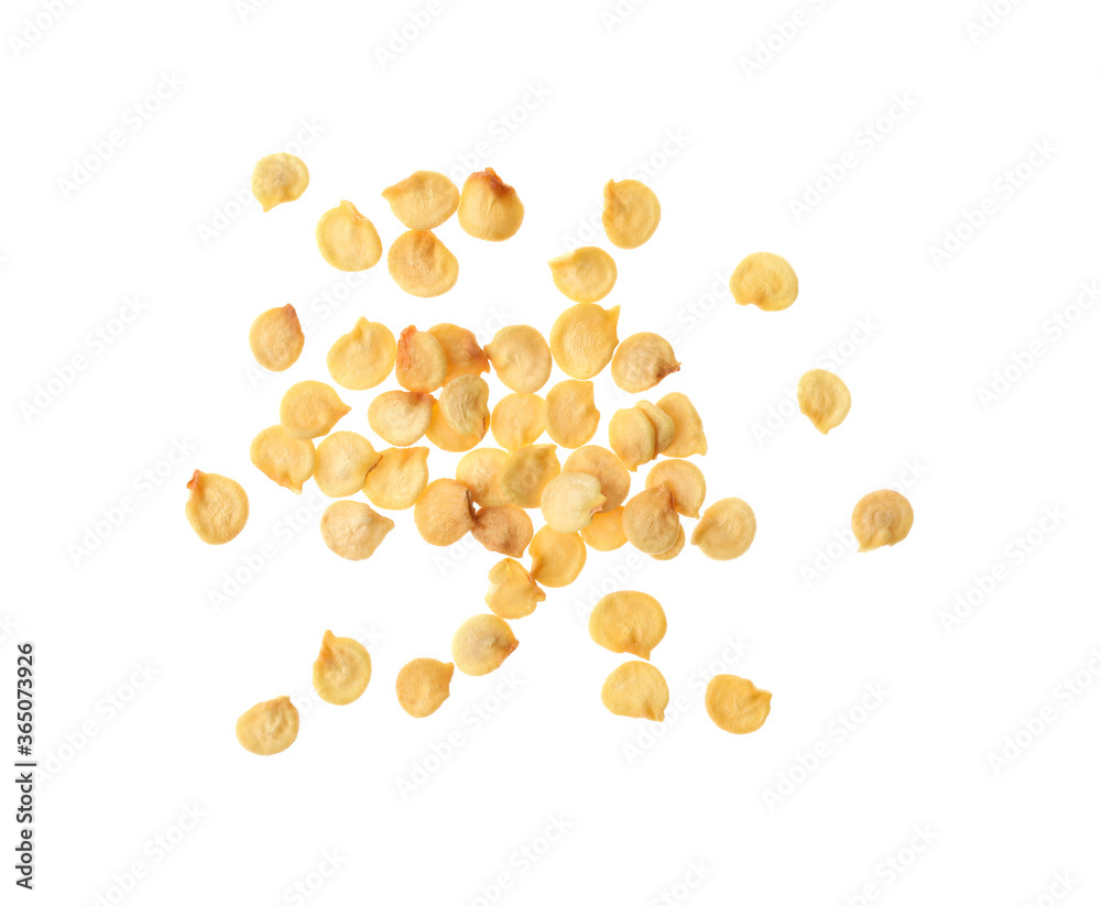 Raw bell pepper seeds on white background, top view. Vegetable planting Raw bell pepper seeds on white background, top view. Vegetable planting