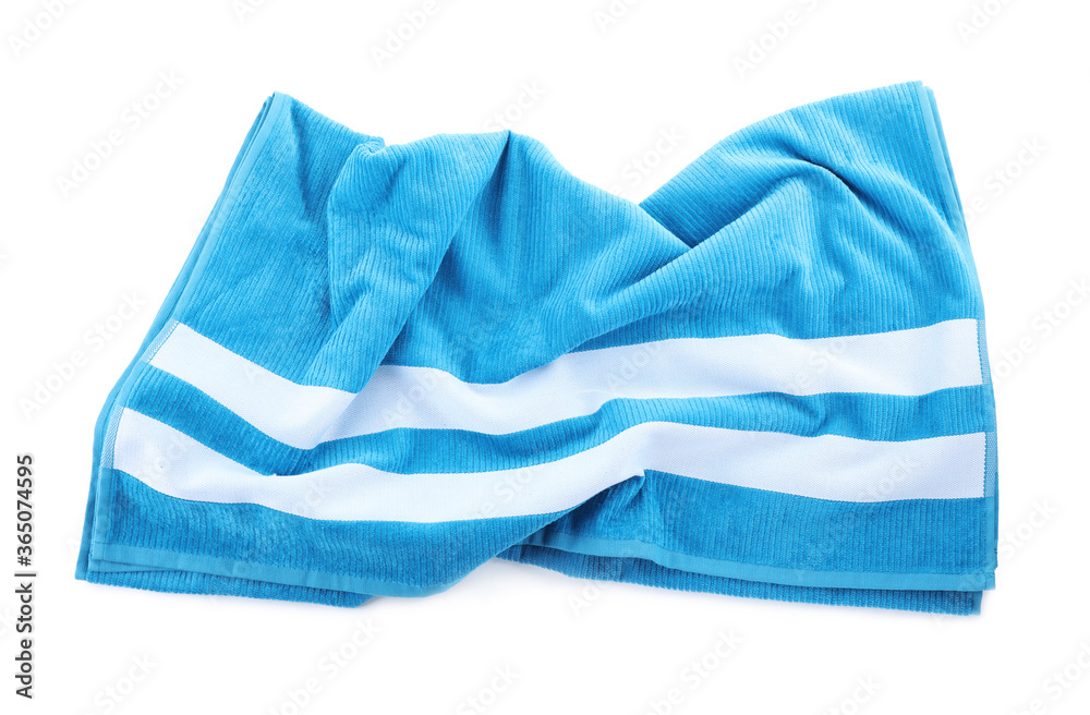 Blue towel isolated on white, top view. Beach object